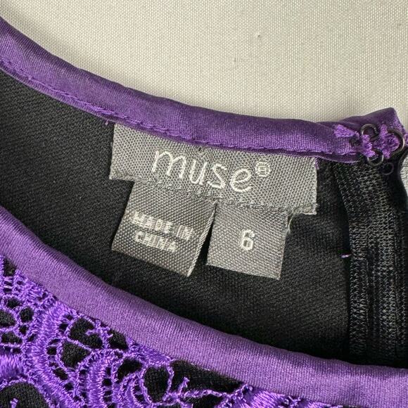 Muse Purple Embroidered Lace Satin Trim Sleeveless Sheath Knee Length Dress Sz 6 - Picture 5 of 7